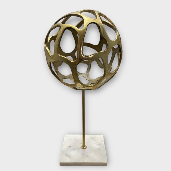 Vintage Brass Geometric Sphere MCM Sculpture Marble Base Home Decor Accent - Picture 1 of 4